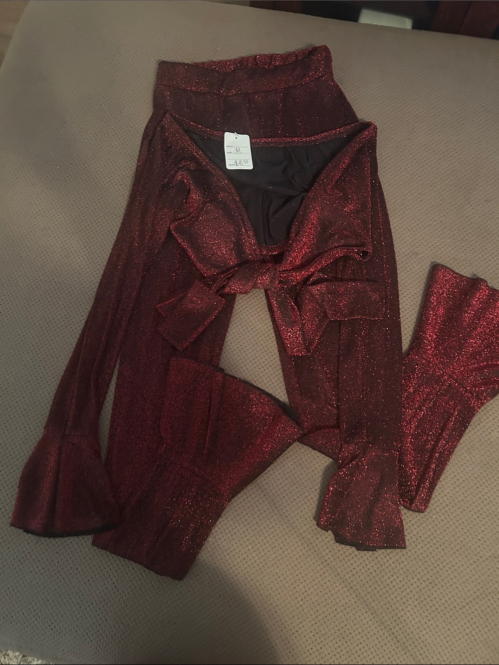 Shimmer High-Waist Flared Leg 2 Piece - Crimson Red